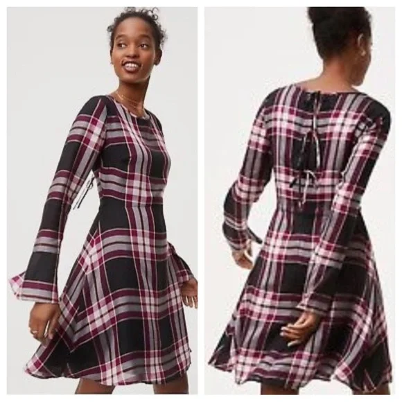 Loft Plaid Tie Back Dress, Size 12 - Picture 1 of 14